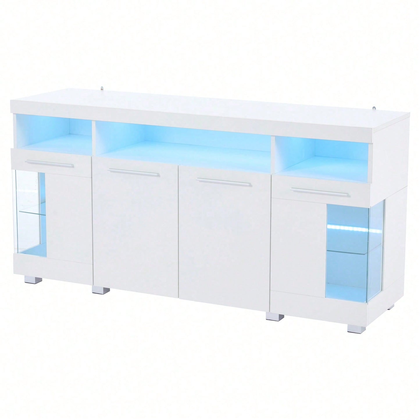 140*40*70cm Zementfarbener Beistelltisch, Wohnzimmer Hochglanz Seitenschrank mit LED Licht, breites Sideboard, Seitenschrank aus gehärtetem Glas mit 3 Fächern