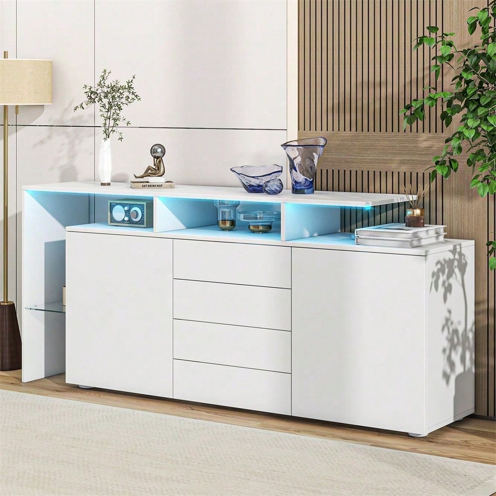 Kommode, Sideboard mit LED, Wohnzimmermöbel in Weiß Hochglanz, Wohnzimmerschrank, Standschrank, TV-Schrank, Wohnzimmerwand, Highboard, Mehrzweckschrank, LED-Vitrine, Buffetschrank Esszimmer