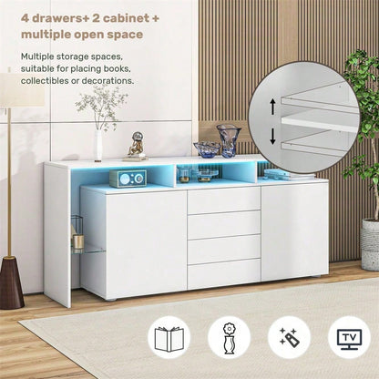 Kommode, Sideboard mit LED, Wohnzimmermöbel in Weiß Hochglanz, Wohnzimmerschrank, Standschrank, TV-Schrank, Wohnzimmerwand, Highboard, Mehrzweckschrank, LED-Vitrine, Buffetschrank Esszimmer