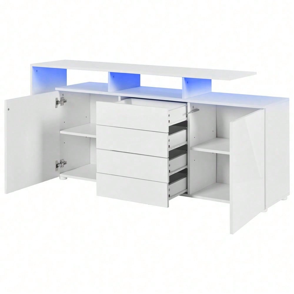 Kommode, Sideboard mit LED, Wohnzimmermöbel in Weiß Hochglanz, Wohnzimmerschrank, Standschrank, TV-Schrank, Wohnzimmerwand, Highboard, Mehrzweckschrank, LED-Vitrine, Buffetschrank Esszimmer