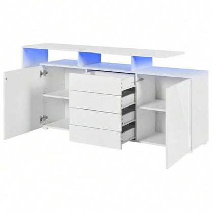 Kommode, Sideboard mit LED, Wohnzimmermöbel in Weiß Hochglanz, Wohnzimmerschrank, Standschrank, TV-Schrank, Wohnzimmerwand, Highboard, Mehrzweckschrank, LED-Vitrine, Buffetschrank Esszimmer