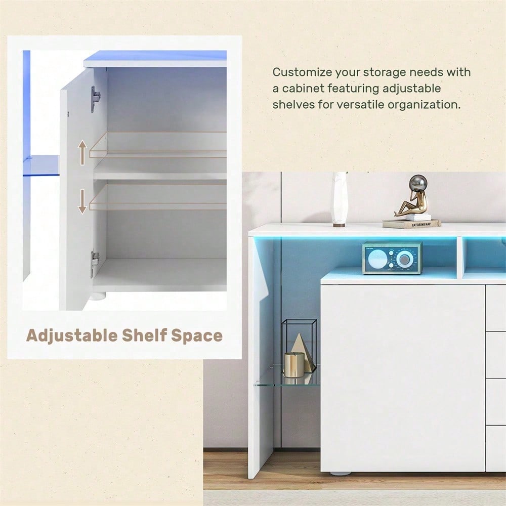 Kommode, Sideboard mit LED, Wohnzimmermöbel in Weiß Hochglanz, Wohnzimmerschrank, Standschrank, TV-Schrank, Wohnzimmerwand, Highboard, Mehrzweckschrank, LED-Vitrine, Buffetschrank Esszimmer