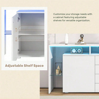 Kommode, Sideboard mit LED, Wohnzimmermöbel in Weiß Hochglanz, Wohnzimmerschrank, Standschrank, TV-Schrank, Wohnzimmerwand, Highboard, Mehrzweckschrank, LED-Vitrine, Buffetschrank Esszimmer