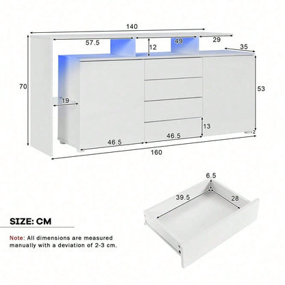 Kommode, Sideboard mit LED, Wohnzimmermöbel in Weiß Hochglanz, Wohnzimmerschrank, Standschrank, TV-Schrank, Wohnzimmerwand, Highboard, Mehrzweckschrank, LED-Vitrine, Buffetschrank Esszimmer