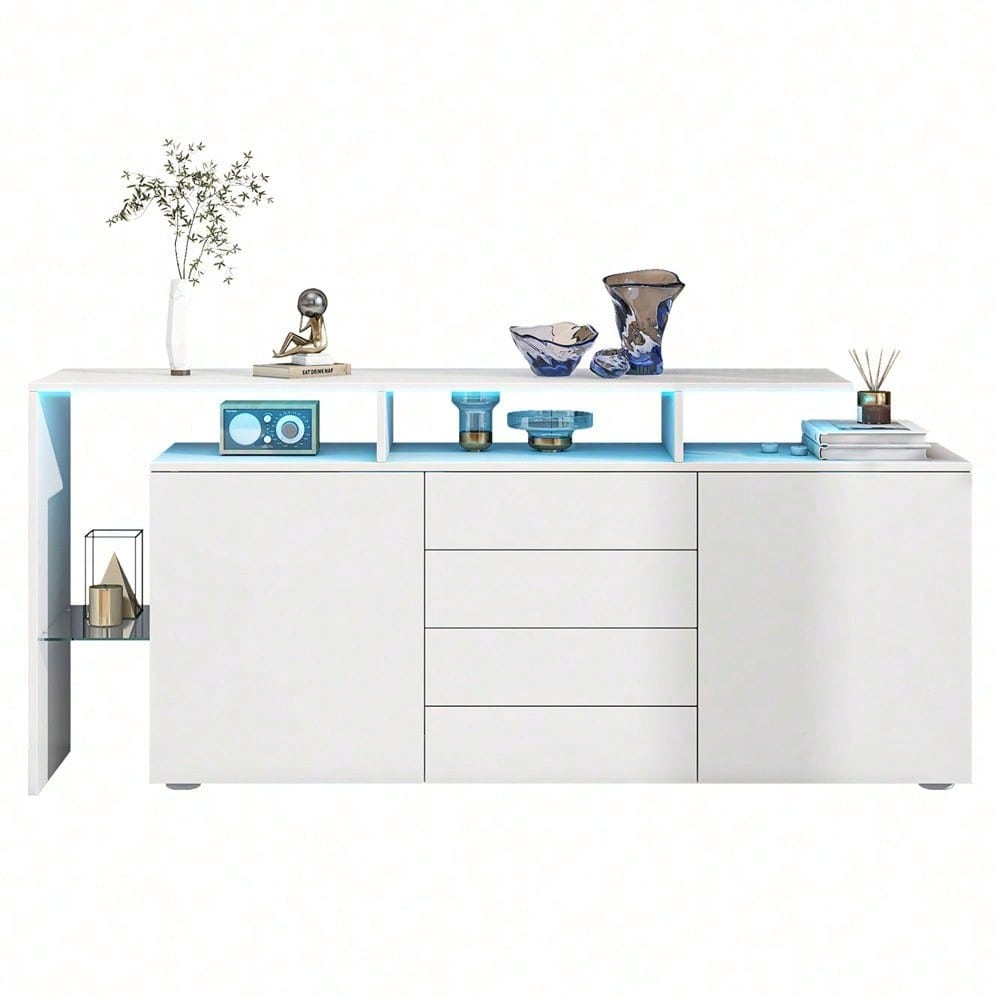 Kommode, Sideboard mit LED, Wohnzimmermöbel in Weiß Hochglanz, Wohnzimmerschrank, Standschrank, TV-Schrank, Wohnzimmerwand, Highboard, Mehrzweckschrank, LED-Vitrine, Buffetschrank Esszimmer