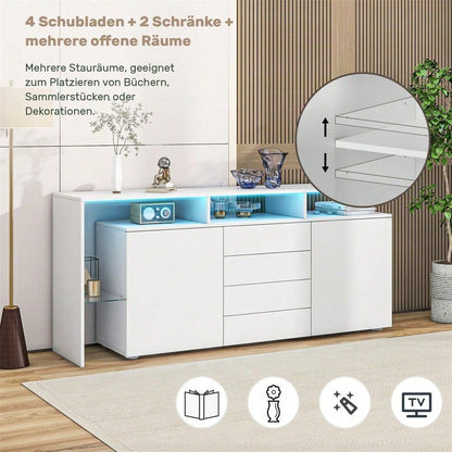 Kommode, Sideboard mit LED, Wohnzimmermöbel in Weiß Hochglanz, Wohnzimmerschrank, Standschrank, TV-Schrank, Wohnzimmerwand, Highboard, Mehrzweckschrank, LED-Vitrine, Buffetschrank Esszimmer