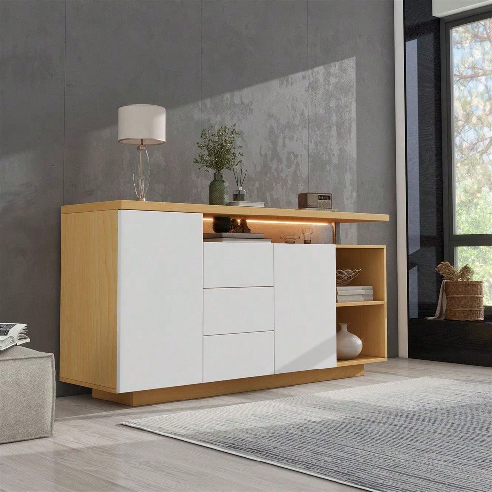 Multifunktionales Sideboard, Länge 140 cm, weiß und Holzimitat - 2 Türen, 3 Schubladen, 2 offene Fächer, mit LED-Beleuchtung