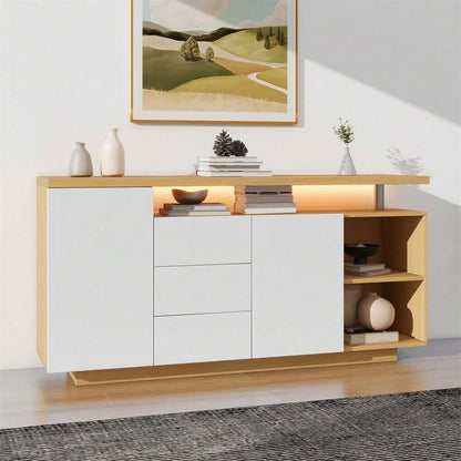 Multifunktionales Sideboard, Länge 140 cm, weiß und Holzimitat - 2 Türen, 3 Schubladen, 2 offene Fächer, mit LED-Beleuchtung