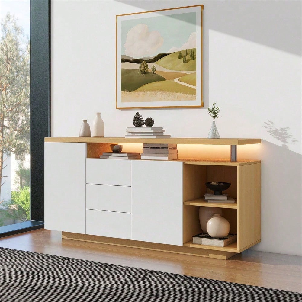 Multifunktionales Sideboard, Länge 140 cm, weiß und Holzimitat - 2 Türen, 3 Schubladen, 2 offene Fächer, mit LED-Beleuchtung