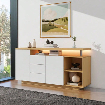 Multifunktionales Sideboard, Länge 140 cm, weiß und Holzimitat - 2 Türen, 3 Schubladen, 2 offene Fächer, mit LED-Beleuchtung