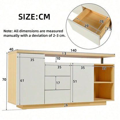 Multifunktionales Sideboard, Länge 140 cm, weiß und Holzimitat - 2 Türen, 3 Schubladen, 2 offene Fächer, mit LED-Beleuchtung