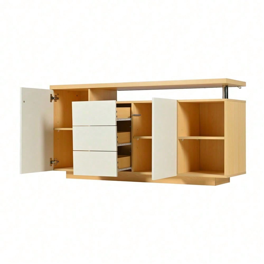 Multifunktionales Sideboard, Länge 140 cm, weiß und Holzimitat - 2 Türen, 3 Schubladen, 2 offene Fächer, mit LED-Beleuchtung