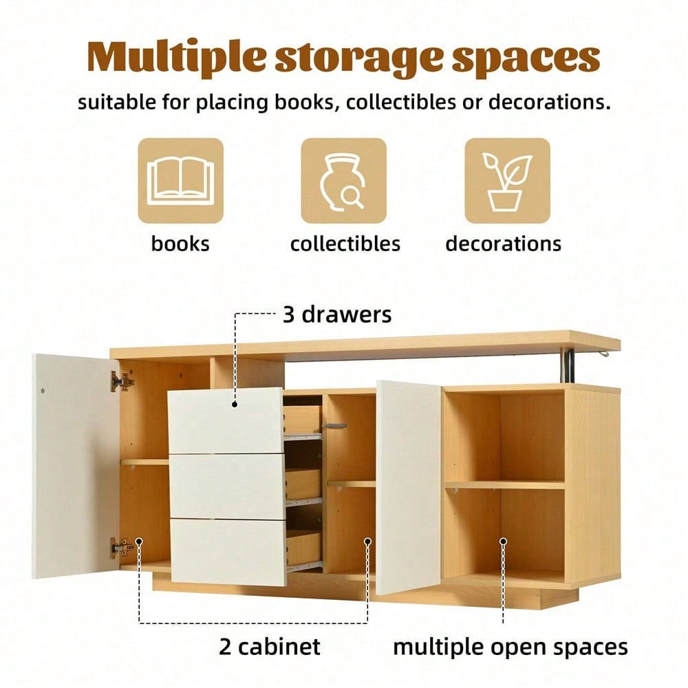 Multifunktionales Sideboard, Länge 140 cm, weiß und Holzimitat - 2 Türen, 3 Schubladen, 2 offene Fächer, mit LED-Beleuchtung