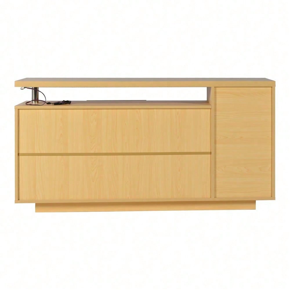 Multifunktionales Sideboard, Länge 140 cm, weiß und Holzimitat - 2 Türen, 3 Schubladen, 2 offene Fächer, mit LED-Beleuchtung