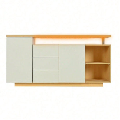 Multifunktionales Sideboard, Länge 140 cm, weiß und Holzimitat - 2 Türen, 3 Schubladen, 2 offene Fächer, mit LED-Beleuchtung