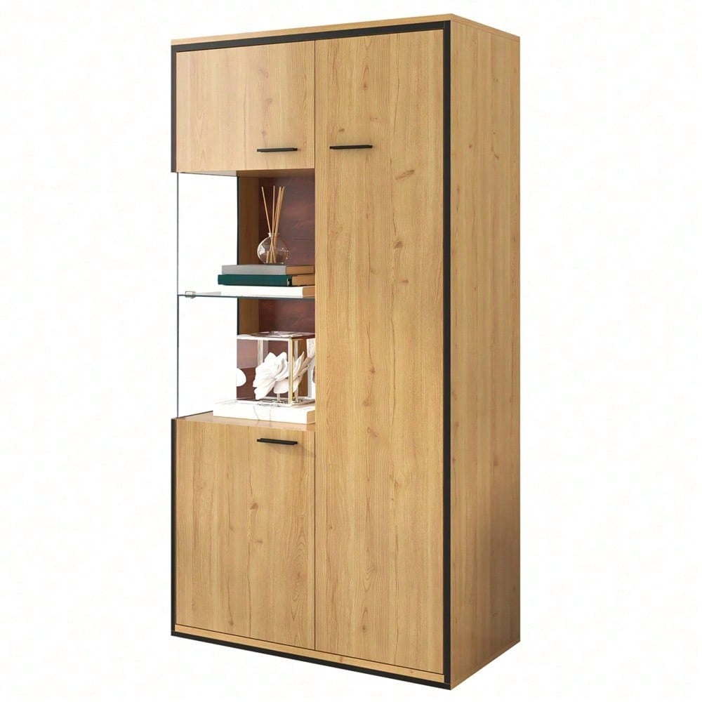 Moderne Vitrine mit LED-Beleuchtung - 150Hcm - Glastür, Mehrzweckregale, 15 Farboptionen, Großer Stauraum, Glasboden, Schaukasten, Präsentationsmöbel, Schrank mit Beleuchtung,Möbel mit Glastür