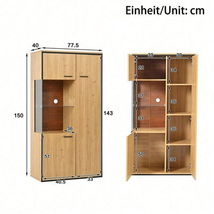 Moderne Vitrine mit LED-Beleuchtung - 150Hcm - Glastür, Mehrzweckregale, 15 Farboptionen, Großer Stauraum, Glasboden, Schaukasten, Präsentationsmöbel, Schrank mit Beleuchtung,Möbel mit Glastür