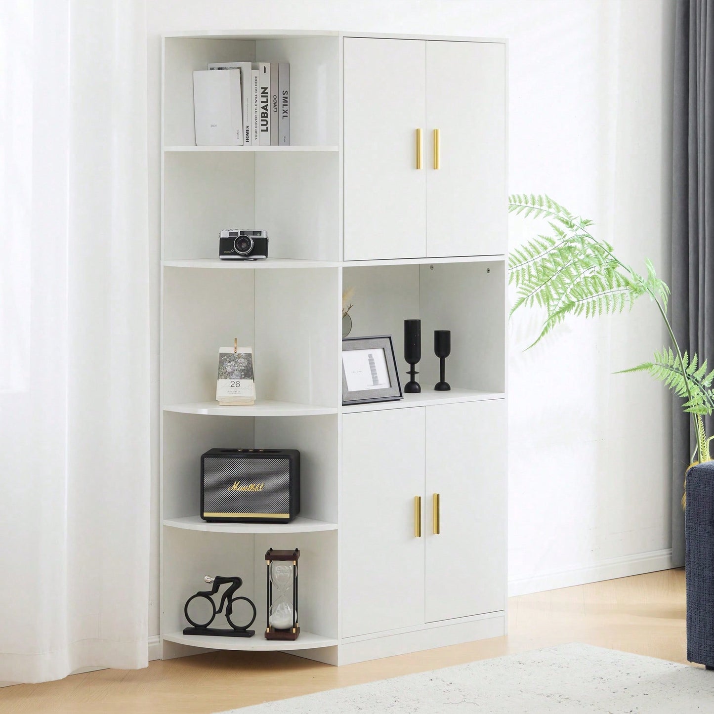 Modernes, vielseitiges 180 cm hohes weißes Ess-Sideboard mit flexiblen Eckablagen (links oder rechts montierbar) für Küche, Esszimmer, Wohnzimmer, Büro oder Schlafzimmer, mit stilvollen Goldgriffen