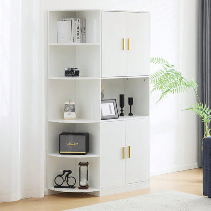 Modernes, vielseitiges 180 cm hohes weißes Ess-Sideboard mit flexiblen Eckablagen (links oder rechts montierbar) für Küche, Esszimmer, Wohnzimmer, Büro oder Schlafzimmer, mit stilvollen Goldgriffen