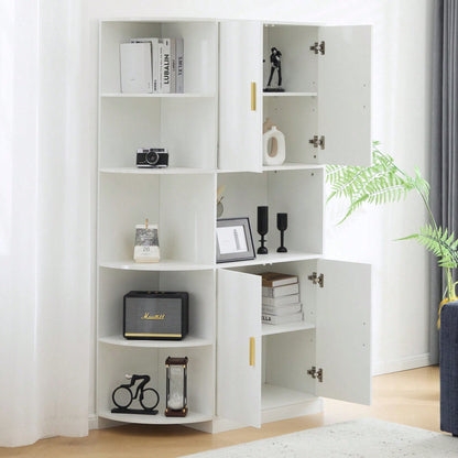 Modernes, vielseitiges 180 cm hohes weißes Ess-Sideboard mit flexiblen Eckablagen (links oder rechts montierbar) für Küche, Esszimmer, Wohnzimmer, Büro oder Schlafzimmer, mit stilvollen Goldgriffen