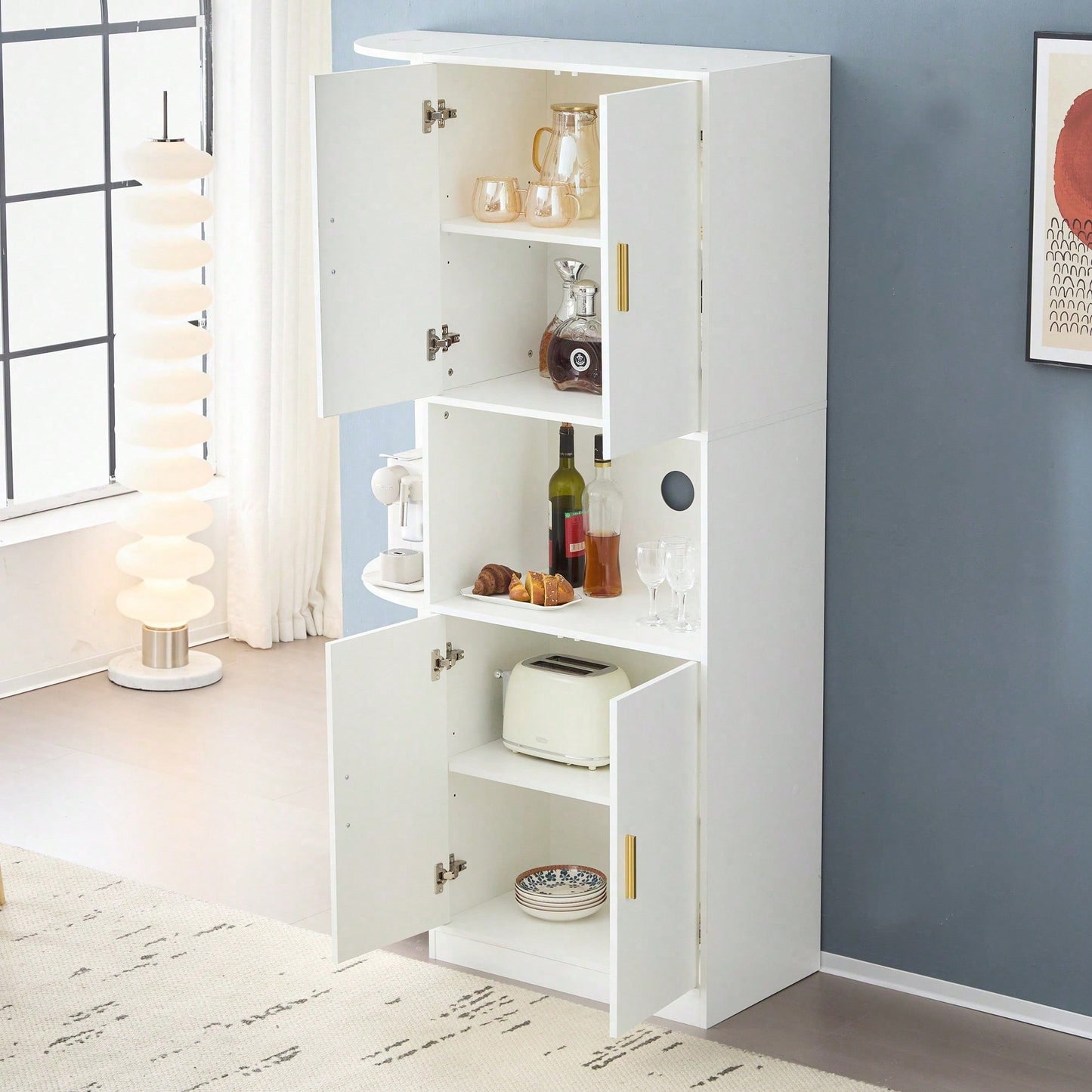 Modernes, vielseitiges 180 cm hohes weißes Ess-Sideboard mit flexiblen Eckablagen (links oder rechts montierbar) für Küche, Esszimmer, Wohnzimmer, Büro oder Schlafzimmer, mit stilvollen Goldgriffen