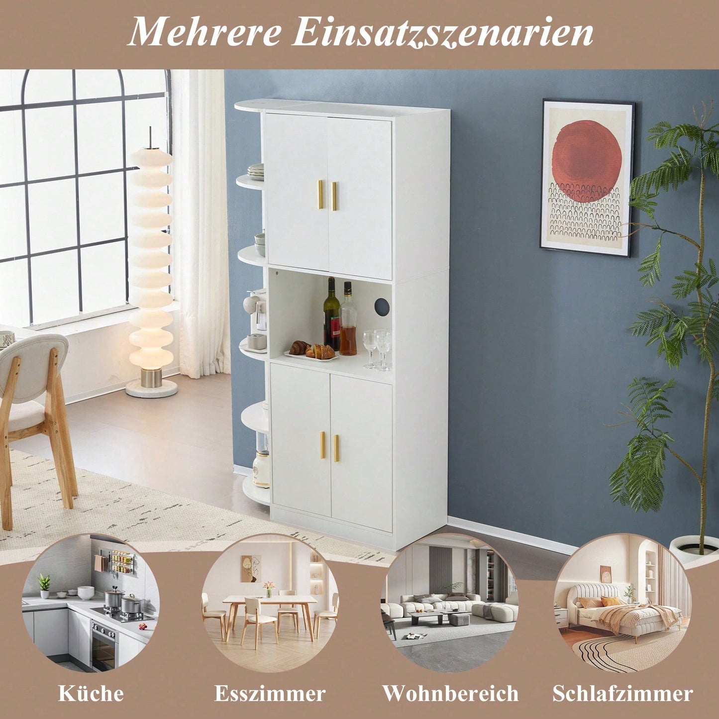 Modernes, vielseitiges 180 cm hohes weißes Ess-Sideboard mit flexiblen Eckablagen (links oder rechts montierbar) für Küche, Esszimmer, Wohnzimmer, Büro oder Schlafzimmer, mit stilvollen Goldgriffen