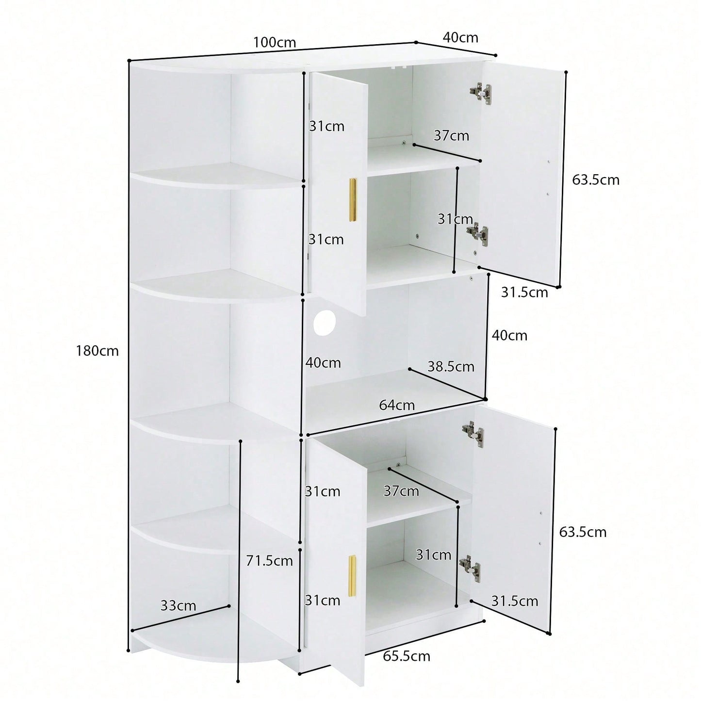 Modernes, vielseitiges 180 cm hohes weißes Ess-Sideboard mit flexiblen Eckablagen (links oder rechts montierbar) für Küche, Esszimmer, Wohnzimmer, Büro oder Schlafzimmer, mit stilvollen Goldgriffen
