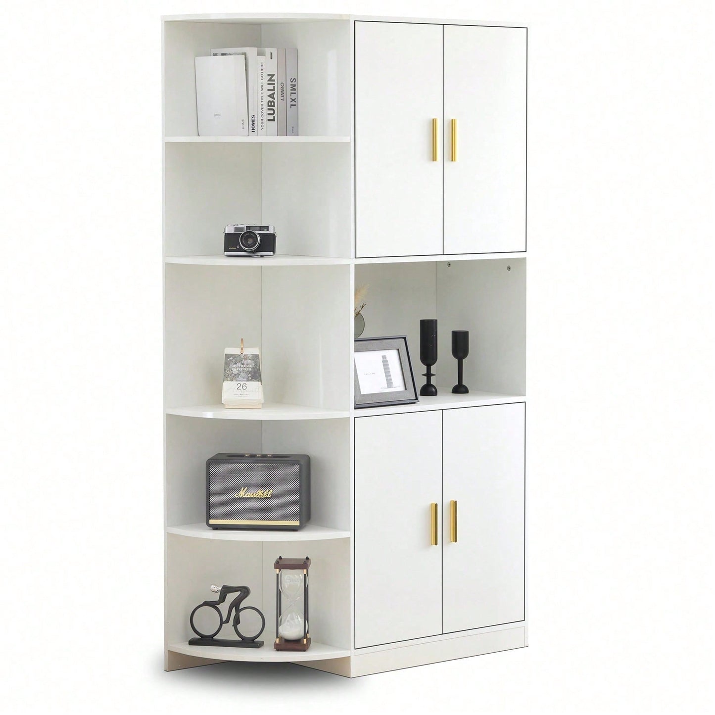 Modernes, vielseitiges 180 cm hohes weißes Ess-Sideboard mit flexiblen Eckablagen (links oder rechts montierbar) für Küche, Esszimmer, Wohnzimmer, Büro oder Schlafzimmer, mit stilvollen Goldgriffen