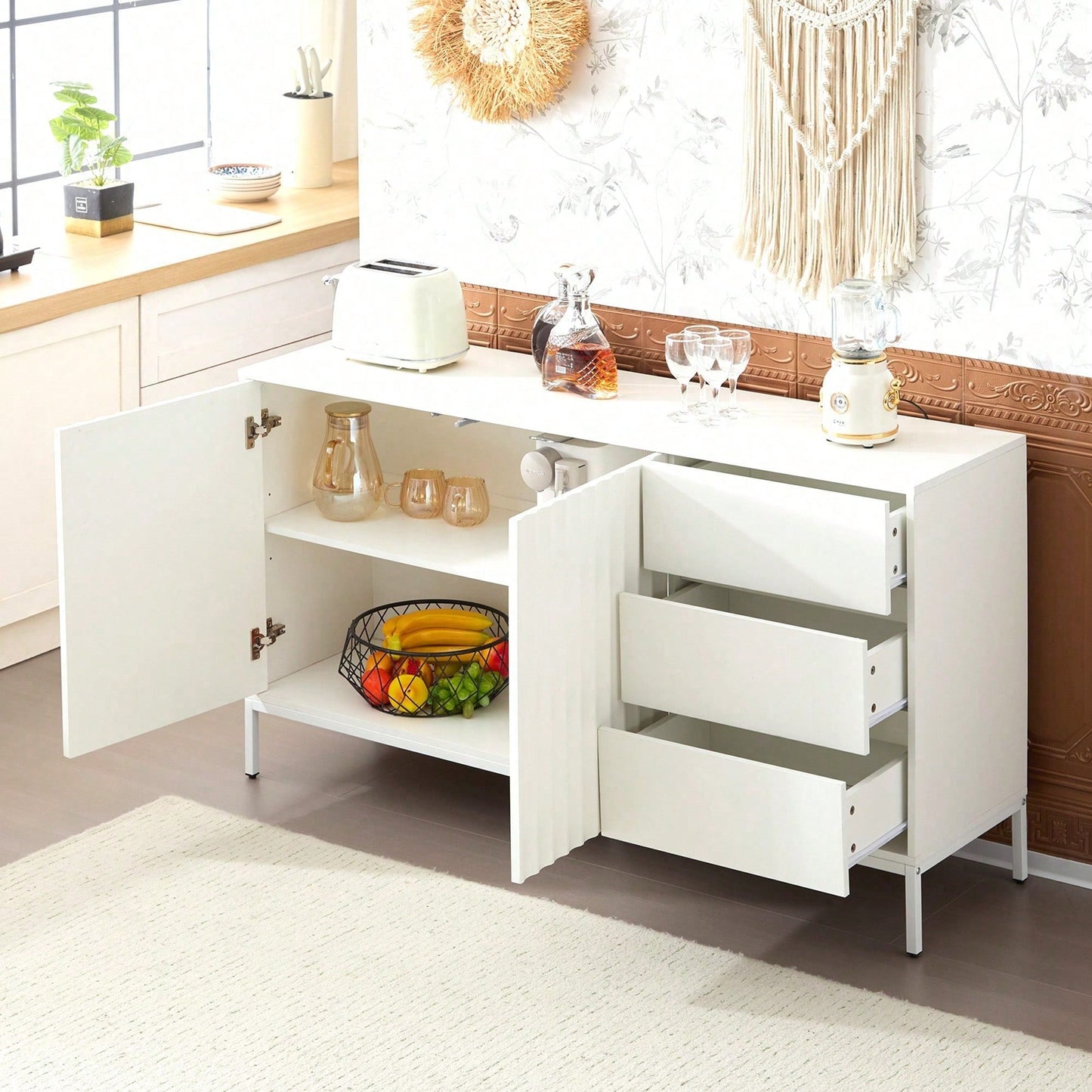 1.5m weißes modernes minimalistisches Sideboard, Aufbewahrungsschrank, Wellenmuster-Design, verstellbare Einlegeböden, 3 Schubladen, geeignet für Küche, Wohnzimmer, Korridor und andere Multi-Szene