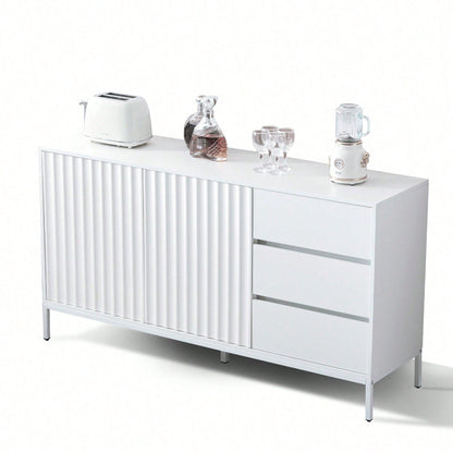 1.5m weißes modernes minimalistisches Sideboard, Aufbewahrungsschrank, Wellenmuster-Design, verstellbare Einlegeböden, 3 Schubladen, geeignet für Küche, Wohnzimmer, Korridor und andere Multi-Szene