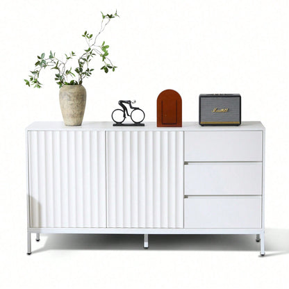 1.5m weißes modernes minimalistisches Sideboard, Aufbewahrungsschrank, Wellenmuster-Design, verstellbare Einlegeböden, 3 Schubladen, geeignet für Küche, Wohnzimmer, Korridor und andere Multi-Szene