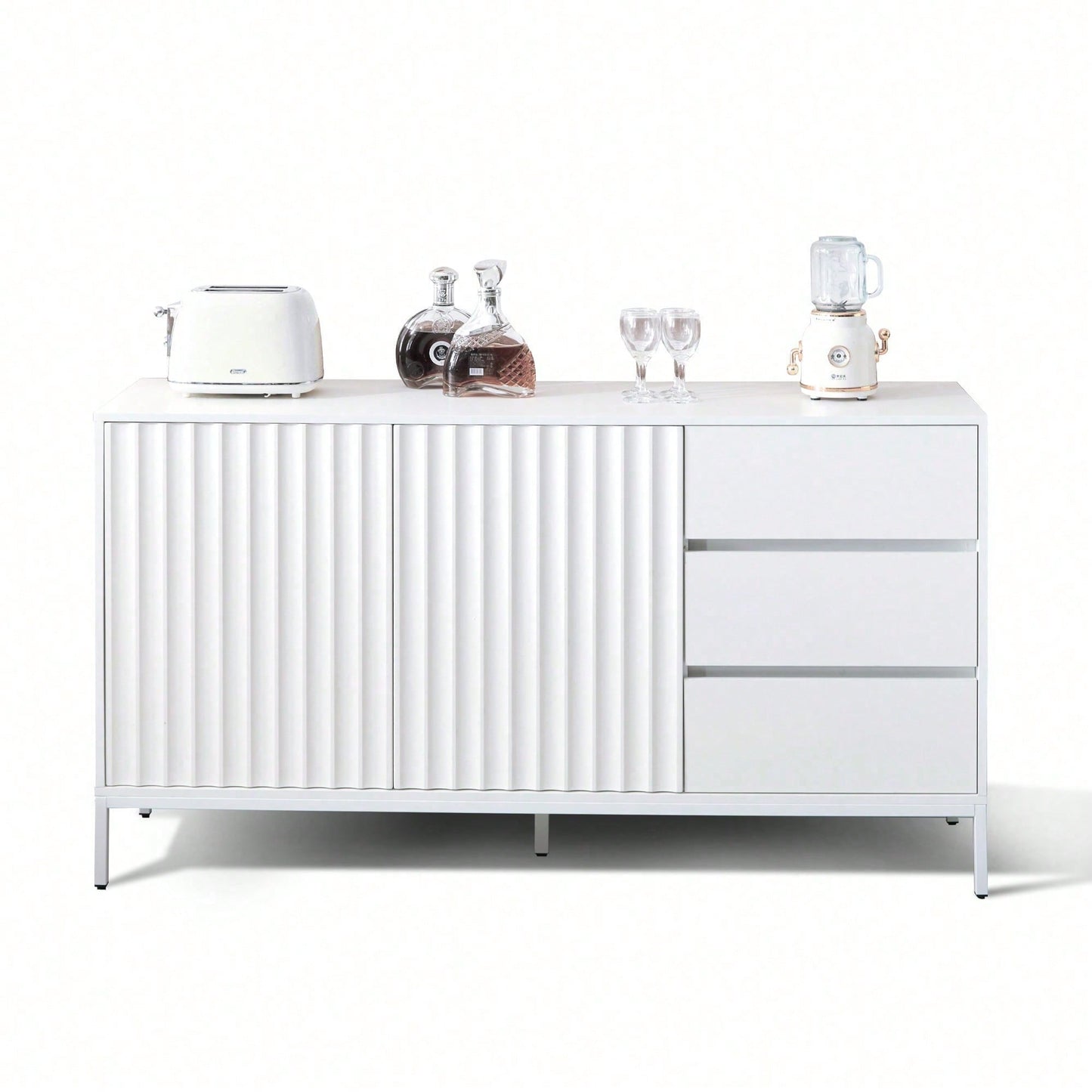 1.5m weißes modernes minimalistisches Sideboard, Aufbewahrungsschrank, Wellenmuster-Design, verstellbare Einlegeböden, 3 Schubladen, geeignet für Küche, Wohnzimmer, Korridor und andere Multi-Szene