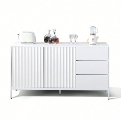 1.5m weißes modernes minimalistisches Sideboard, Aufbewahrungsschrank, Wellenmuster-Design, verstellbare Einlegeböden, 3 Schubladen, geeignet für Küche, Wohnzimmer, Korridor und andere Multi-Szene
