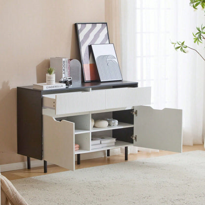 Aufbewahrungsschrank 120cm mit geriffelten Schubladen, schwarz-weißes Design, verstellbare Einlegeböden, 2 Türen, Sideboard-Buffet, Schrank-Organisator für Küche, Wohnzimmer, Esszimmer