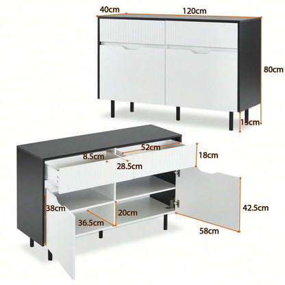 Aufbewahrungsschrank 120cm mit geriffelten Schubladen, schwarz-weißes Design, verstellbare Einlegeböden, 2 Türen, Sideboard-Buffet, Schrank-Organisator für Küche, Wohnzimmer, Esszimmer