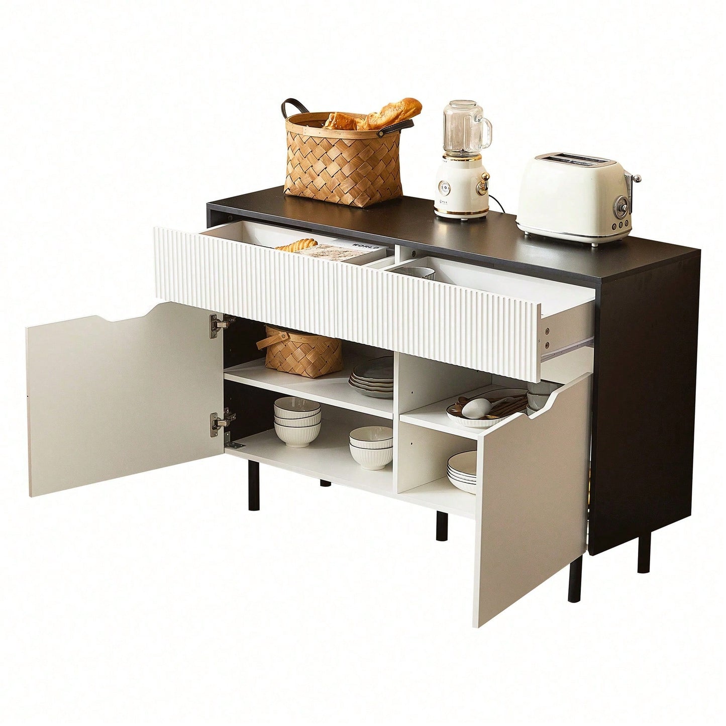 Aufbewahrungsschrank 120cm mit geriffelten Schubladen, schwarz-weißes Design, verstellbare Einlegeböden, 2 Türen, Sideboard-Buffet, Schrank-Organisator für Küche, Wohnzimmer, Esszimmer
