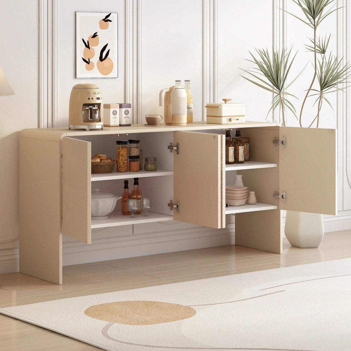 Minimalistischer Stil Großer Stauraum Sideboard mit 4 Türen und Rückstoßvorrichtung für Wohnzimmer und Eingangsbereich (Aprikosencreme)