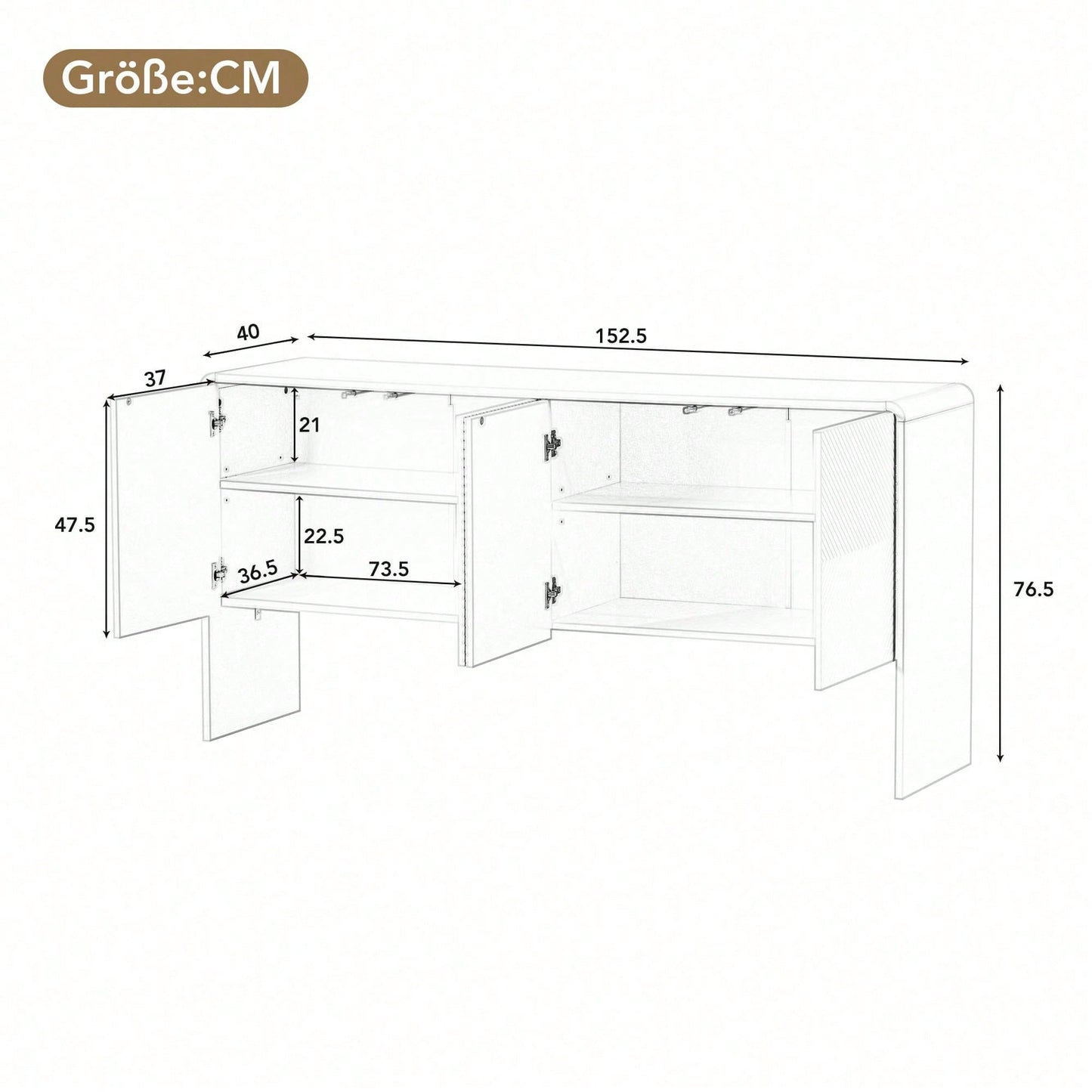 Minimalistischer Stil Großer Stauraum Sideboard mit 4 Türen und Rückstoßvorrichtung für Wohnzimmer und Eingangsbereich (Aprikosencreme)