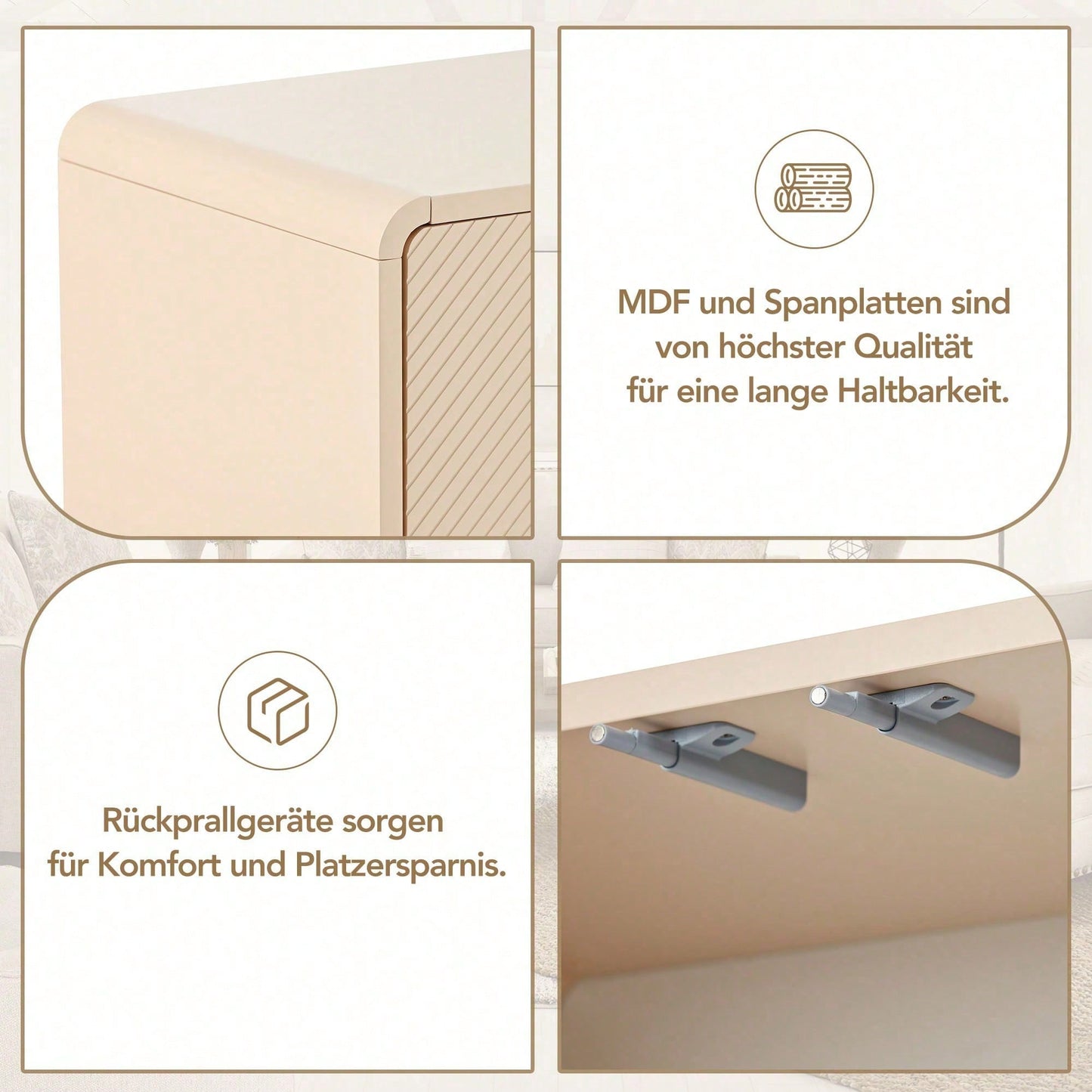 Minimalistischer Stil Großer Stauraum Sideboard mit 4 Türen und Rückstoßvorrichtung für Wohnzimmer und Eingangsbereich (Aprikosencreme)