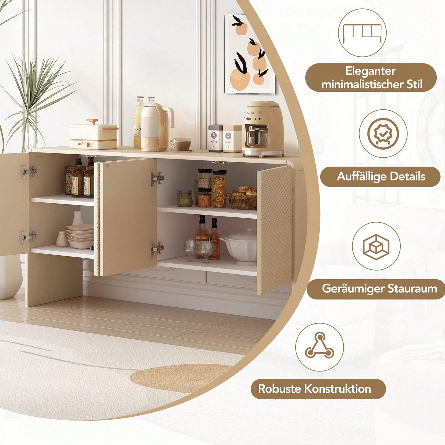 Minimalistischer Stil Großer Stauraum Sideboard mit 4 Türen und Rückstoßvorrichtung für Wohnzimmer und Eingangsbereich (Aprikosencreme)