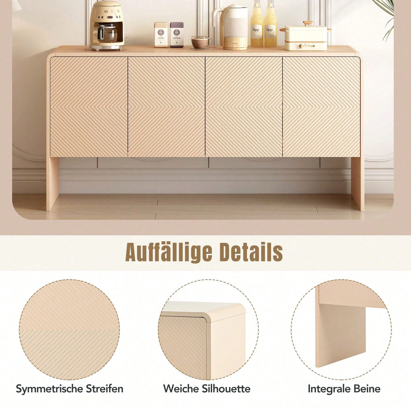 Minimalistischer Stil Großer Stauraum Sideboard mit 4 Türen und Rückstoßvorrichtung für Wohnzimmer und Eingangsbereich (Aprikosencreme)