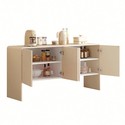 Minimalistischer Stil Großer Stauraum Sideboard mit 4 Türen und Rückstoßvorrichtung für Wohnzimmer und Eingangsbereich (Aprikosencreme)