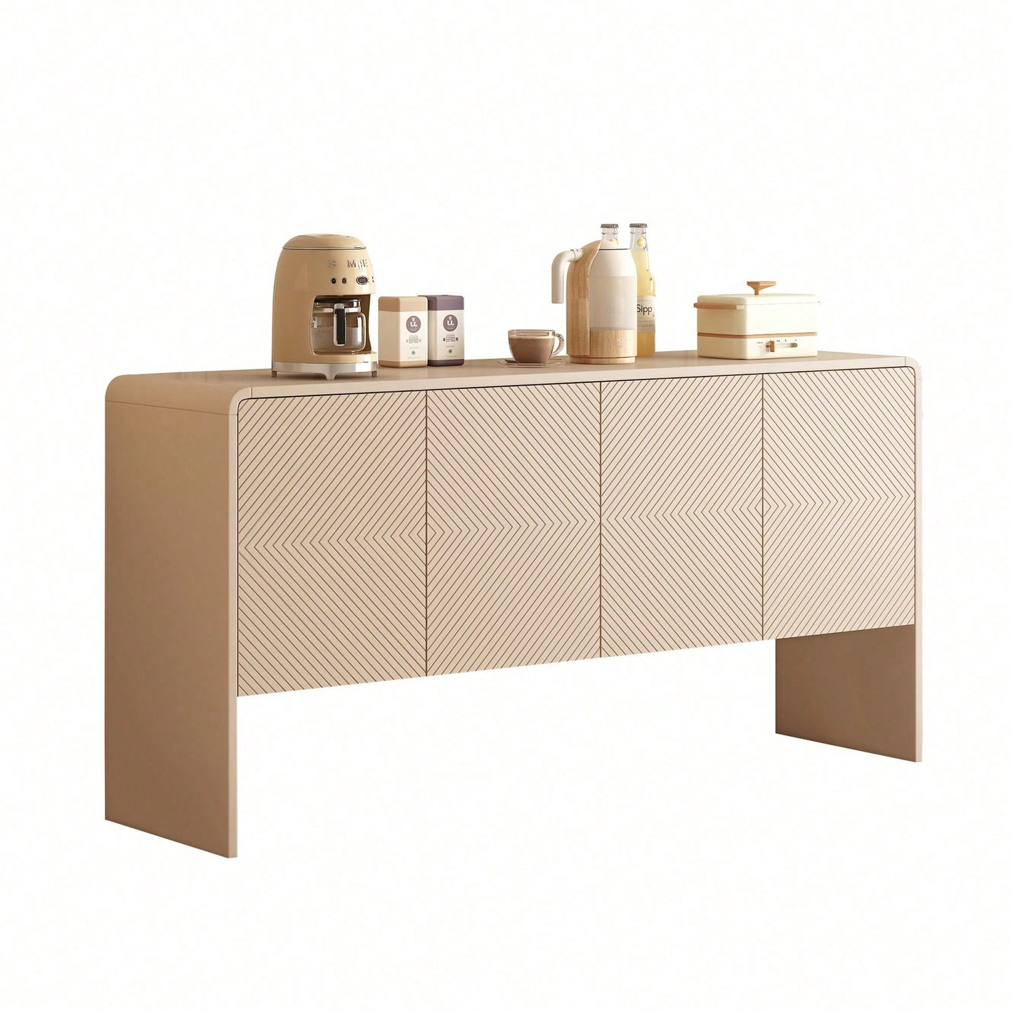 Minimalistischer Stil Großer Stauraum Sideboard mit 4 Türen und Rückstoßvorrichtung für Wohnzimmer und Eingangsbereich (Aprikosencreme)