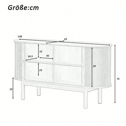 Retro Modernes Holz Sideboard, Lamellen Schrank Sideboard mit Schiebetüren und Kiefernholzbeinen, 138cm Schrank mit verstellbaren Einlegeböden fur Esszimmer, Küche, Flur, Schwarz