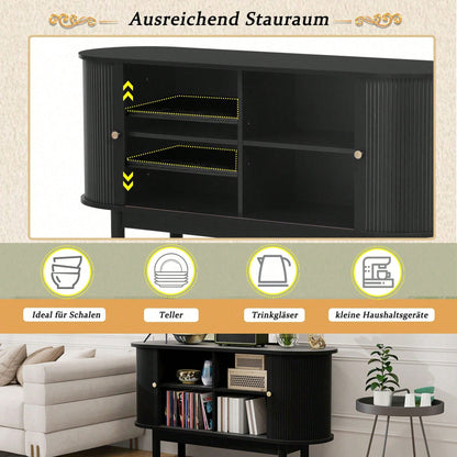Retro Modernes Holz Sideboard, Lamellen Schrank Sideboard mit Schiebetüren und Kiefernholzbeinen, 138cm Schrank mit verstellbaren Einlegeböden fur Esszimmer, Küche, Flur, Schwarz