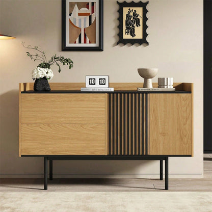 Moderne Minimalistische Sideboard mit 2 Schubladen und verstellbarem Regal, ideal für Wohnzimmer und Esszimmer (Naturholz+Schwarz)