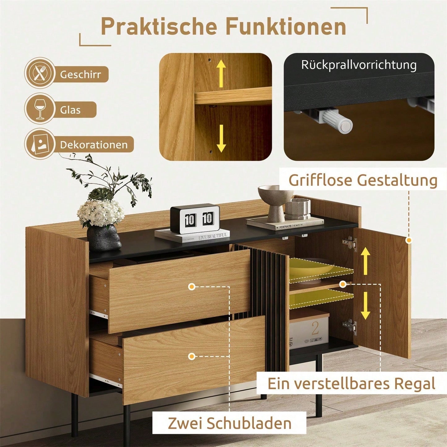 Moderne Minimalistische Sideboard mit 2 Schubladen und verstellbarem Regal, ideal für Wohnzimmer und Esszimmer (Naturholz+Schwarz)