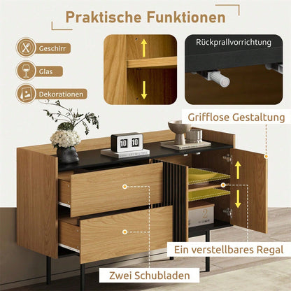 Moderne Minimalistische Sideboard mit 2 Schubladen und verstellbarem Regal, ideal für Wohnzimmer und Esszimmer (Naturholz+Schwarz)