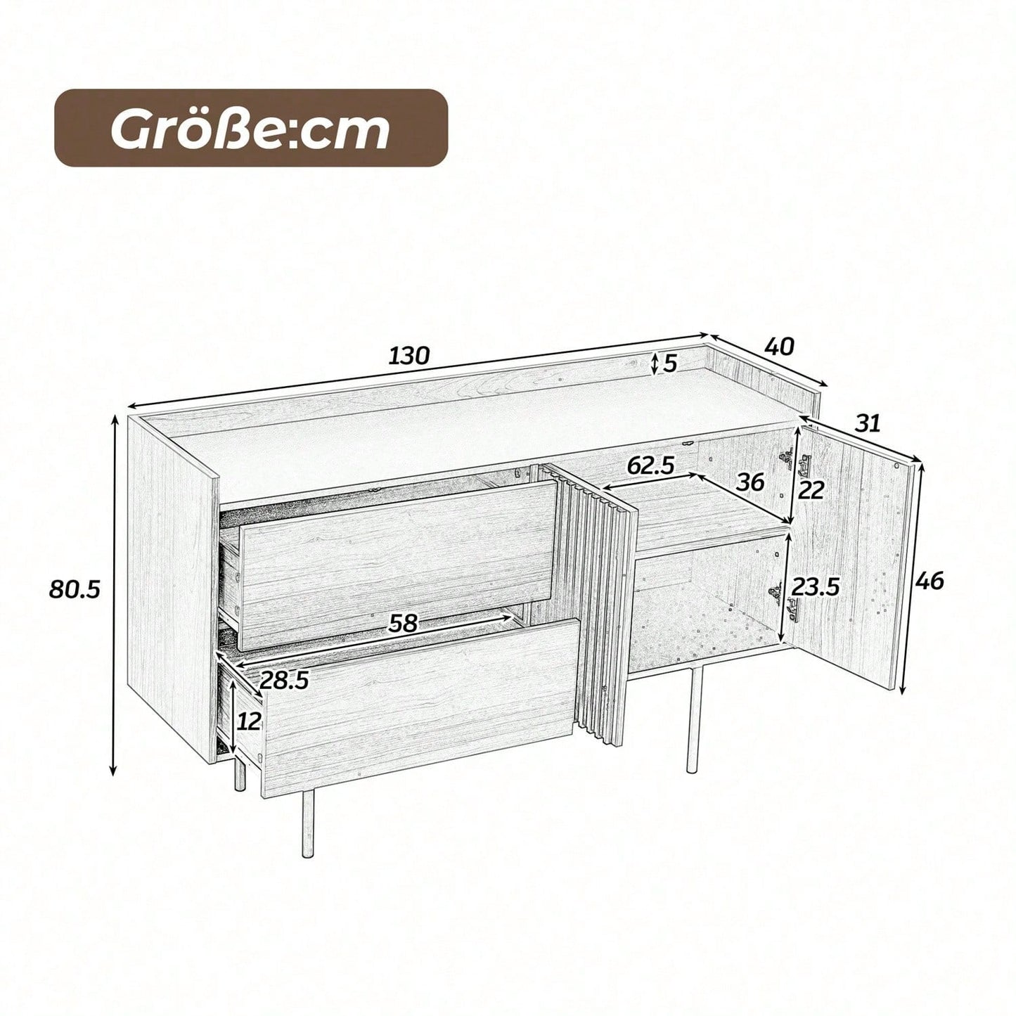 Moderne Minimalistische Sideboard mit 2 Schubladen und verstellbarem Regal, ideal für Wohnzimmer und Esszimmer (Naturholz+Schwarz)