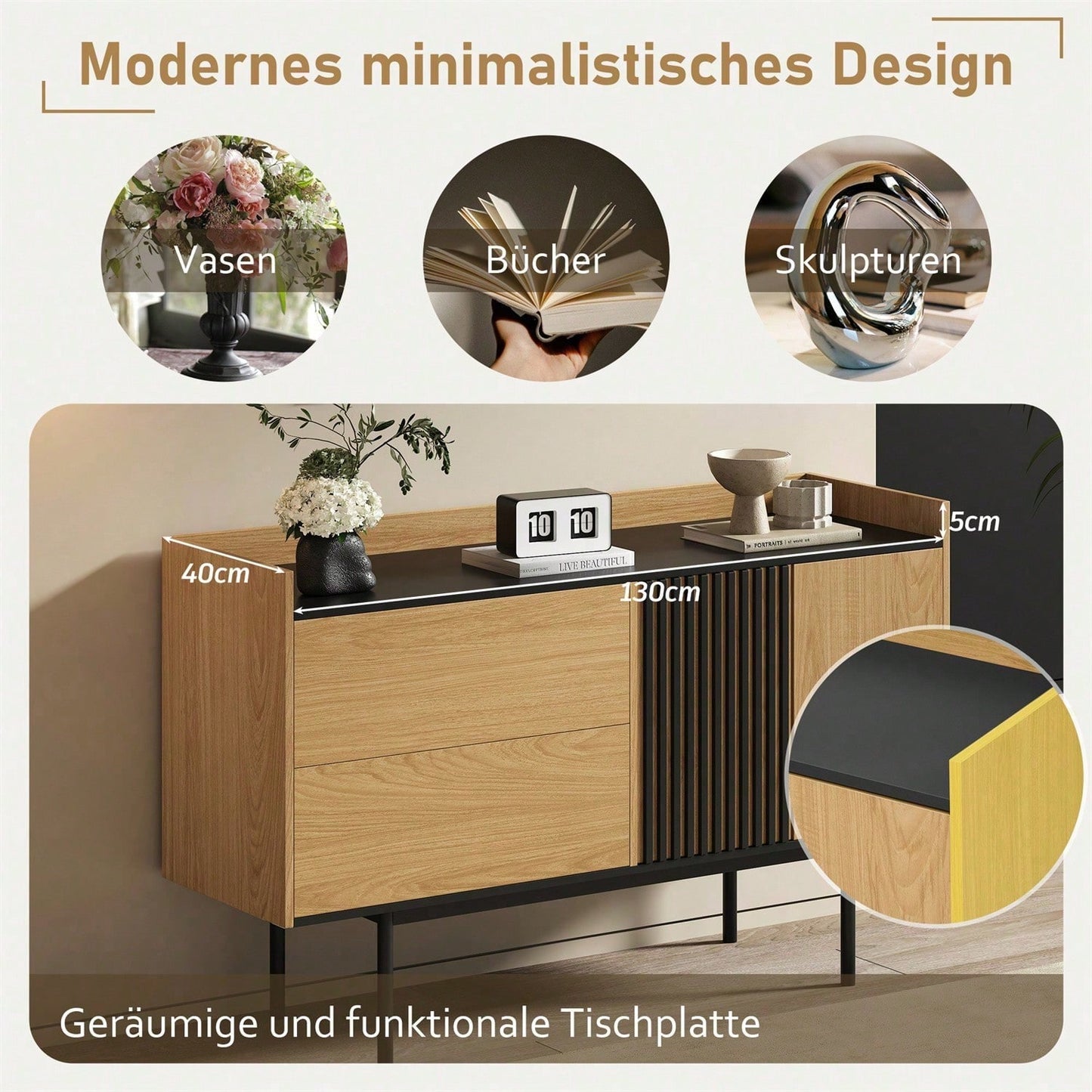 Moderne Minimalistische Sideboard mit 2 Schubladen und verstellbarem Regal, ideal für Wohnzimmer und Esszimmer (Naturholz+Schwarz)